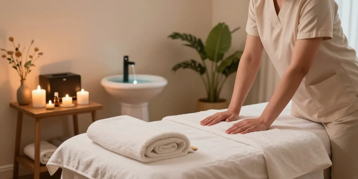 마사지 테라피가 준비된 아늑한 스파룸, 편안한 조명과 자연 요소가 조화를 이루고 있습니다.