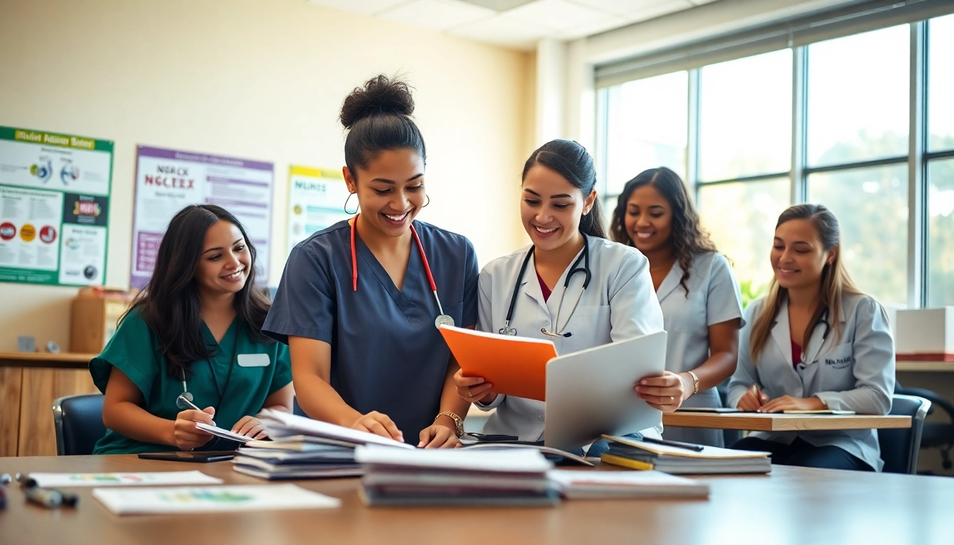 Engaged learners in an in person Nclex review in Houston collaborating around a study table.