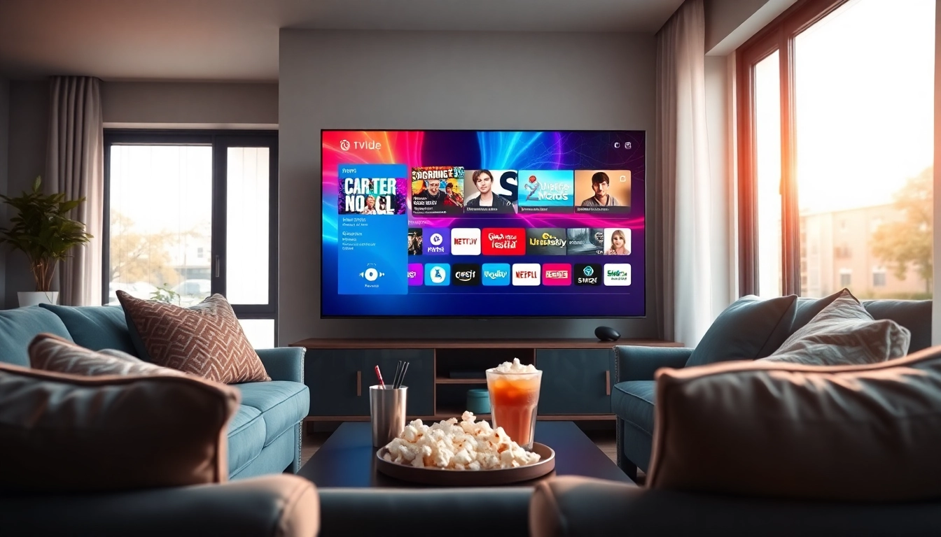 Experience IPTV Free Trial on a modern smart TV surrounded by a cozy living room setup.