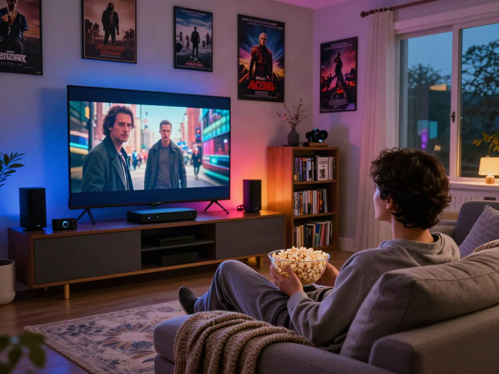 Relaxing home cinema scene with Moviebox apk on the screen, popcorn and cozy ambiance.
