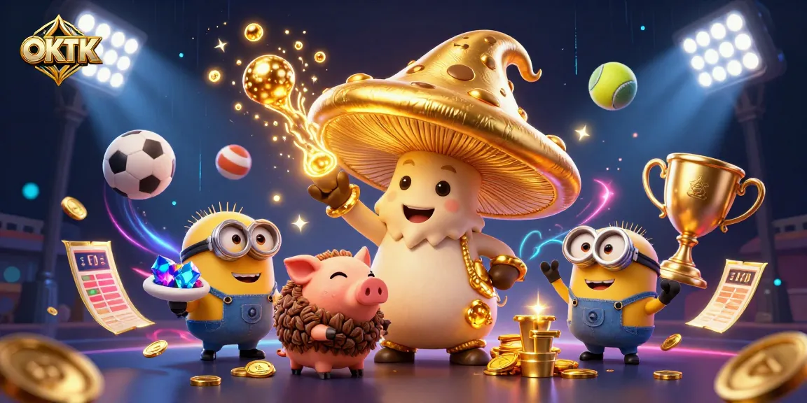 Experience the magic of OKTK as the golden mushroom wizard channels treasure amidst dynamic sports elements.