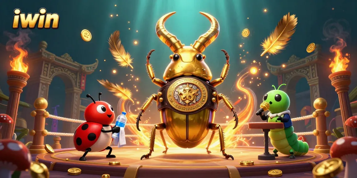 iwin champions battle in vibrant atmosphere with golden stag beetle, ladybug, and caterpillar.