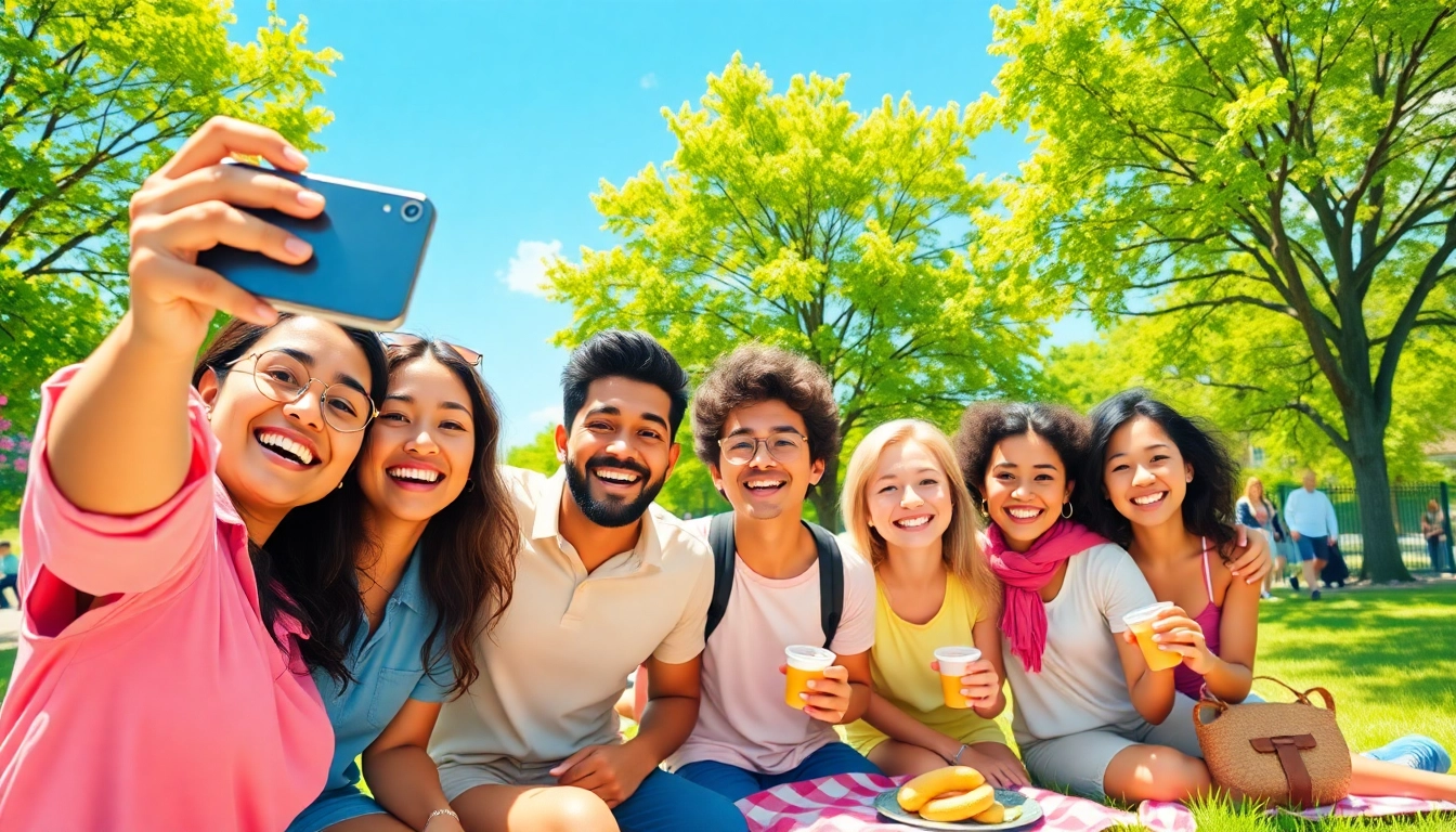 Friends capturing a fun selfie in a vibrant park, showcasing diverse smiles.