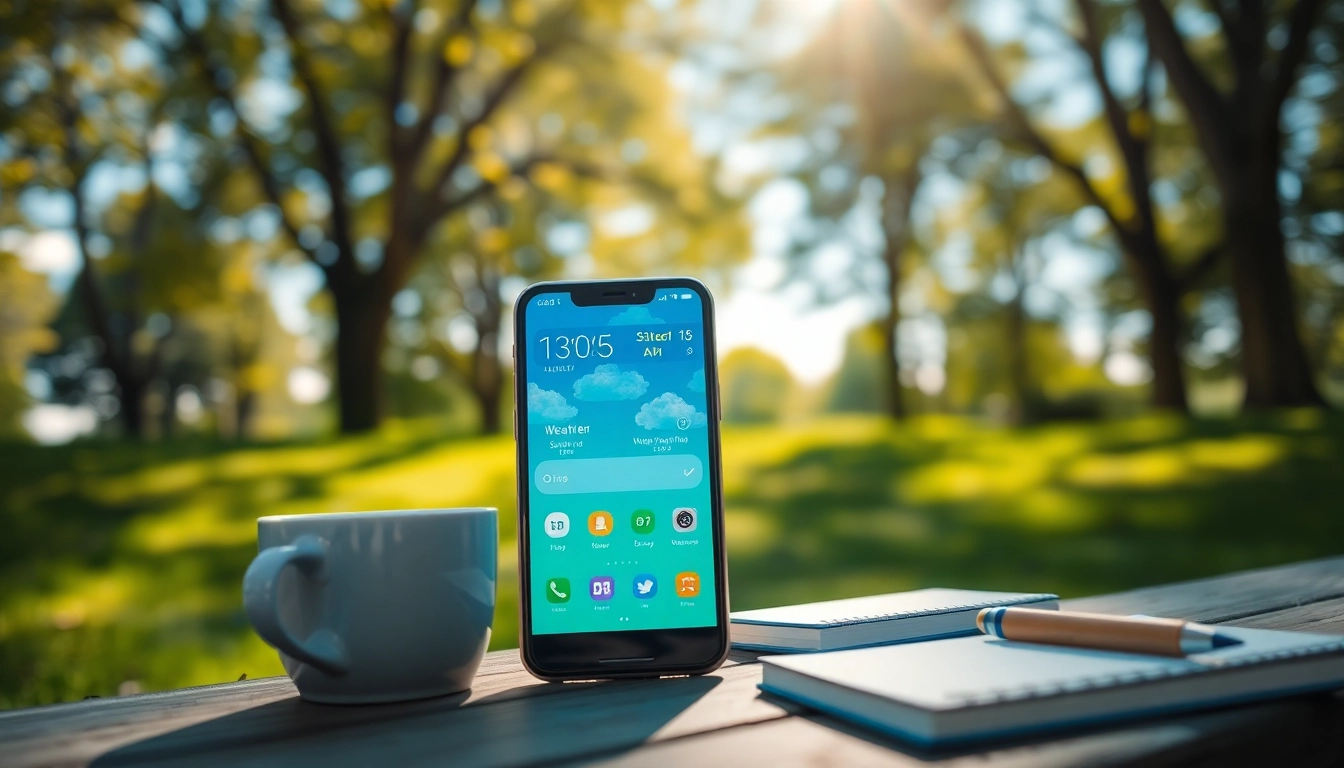 Showcasing the best weather app for iPhone on a smartphone in a natural setting with clear skies.