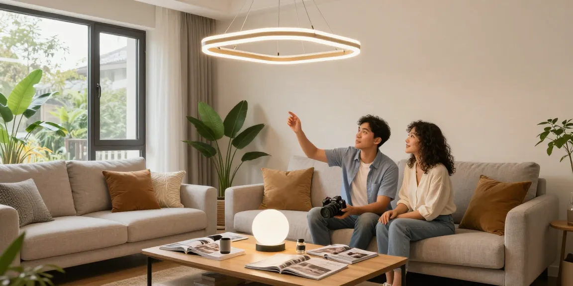 Lustra LED elegantă aleasă de un cuplu pentru sufragerie, decor modern.