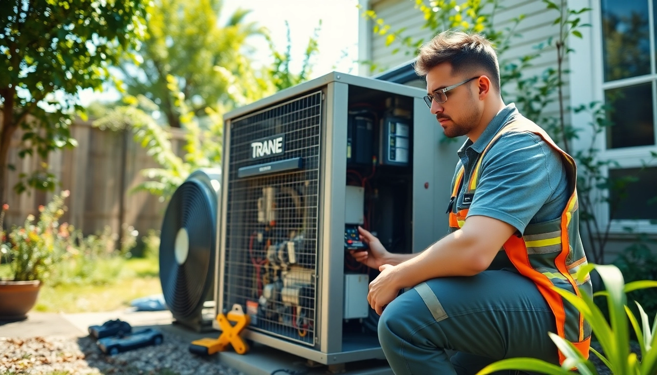 Technician evaluating a Trane Canada HVAC system in a sunny residential setting.