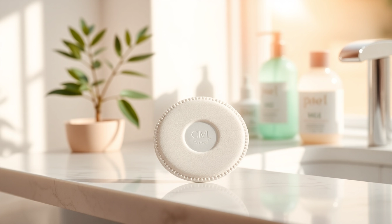 Woman considering a period disc among health products on a countertop.