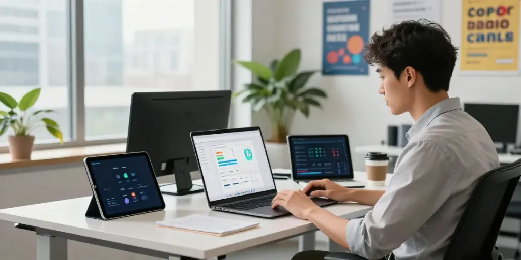 Creative professional utilizing automated content generation tools in a bright office.