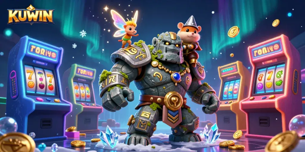 Kuwin features a magical scene with a stone golem and hamster knight battling for rewards in online gambling games.
