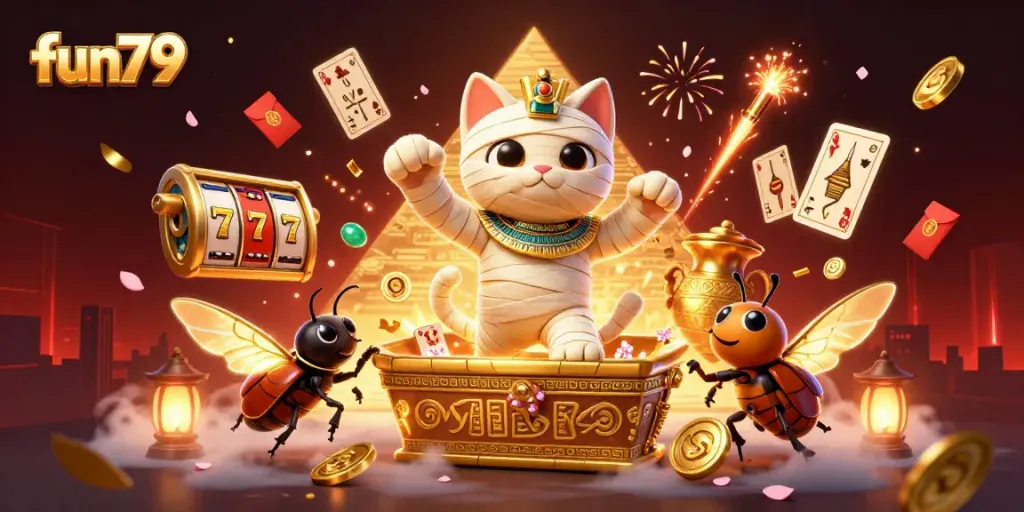 Experience the fun79 magic with a vibrant casino scene featuring Egyptian and slot elements.