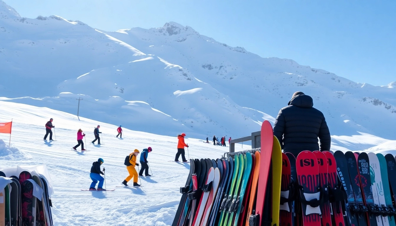 Renting equipment for winter sports, showcasing whitefish equipment rental in a lively snowy setting.
