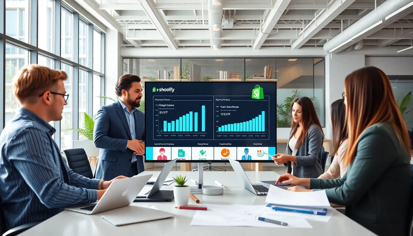 Visualize a Shopify development agency's team collaborating on projects in a modern workplace.