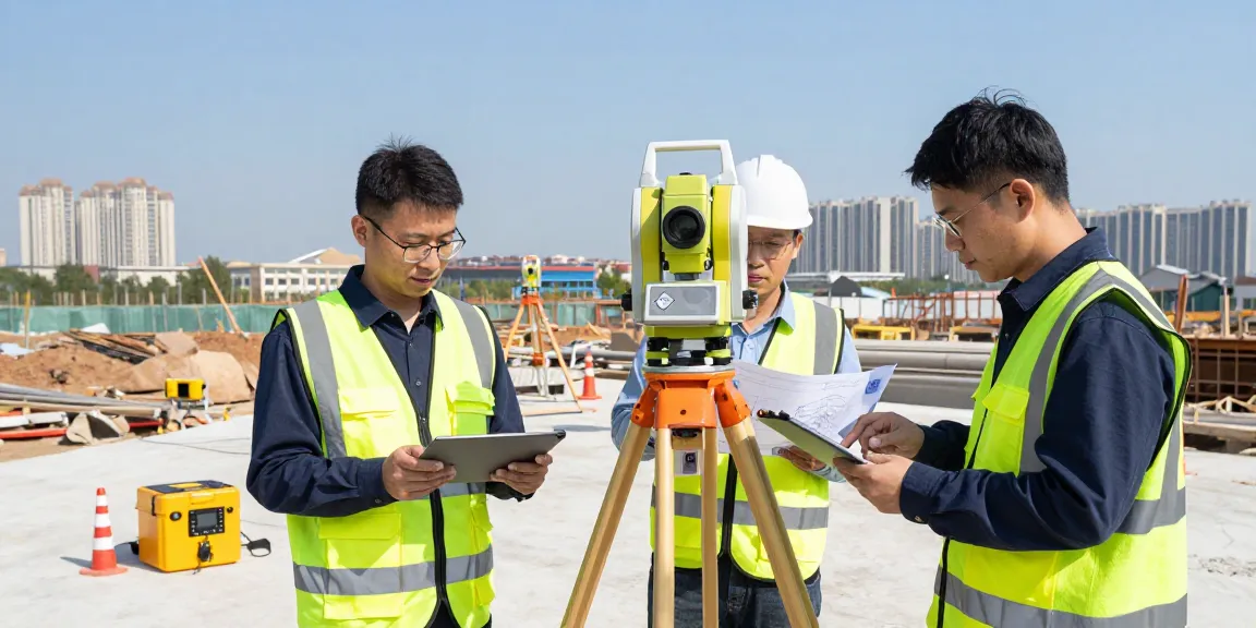 Surveyors as we all surveys team using advanced equipment on a construction site