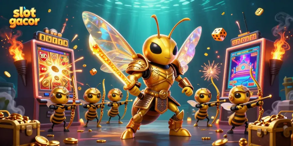 Engage with slot gacor in this dynamic 3D scene showcasing vibrant casino elements and intricate characters.