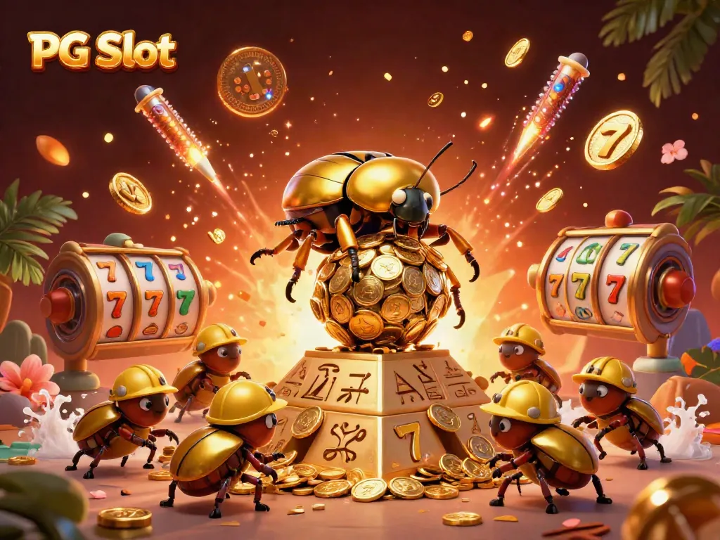 Experience PG Slot excitement as golden beetles celebrate massive wins with coins and fun symbols.