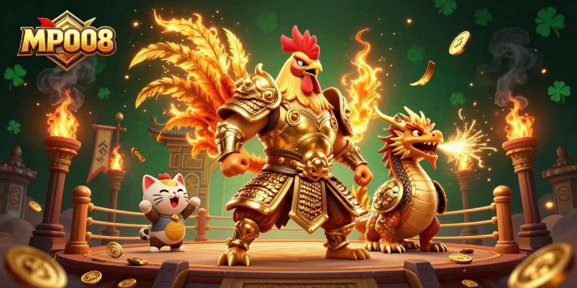 MPO08 showcases a fighting rooster alongside a dragon, symbolizing thrilling online slot action.