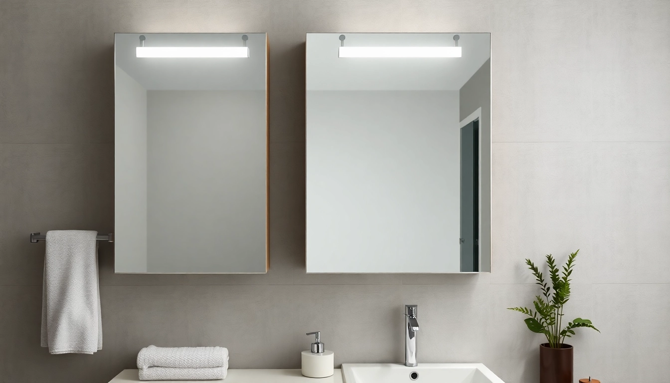 Spiegelschrank mit Beleuchtung Bad in modernem Badezimmer mit eleganten Accessoires und klaren Linien.