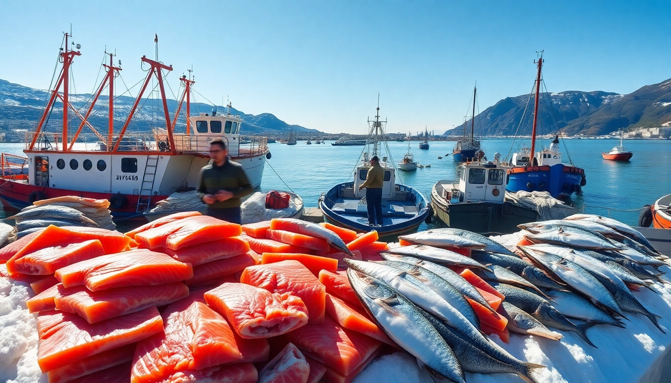 Showcasing fresh catches from the Seafood exporter Norway in a vibrant coastal harbor.