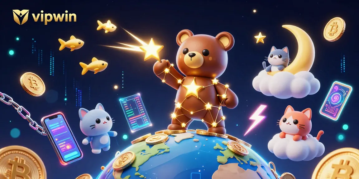 Play and win at vipwin with 3D constellation bear scooping coins surrounded by crypto-themed elements.