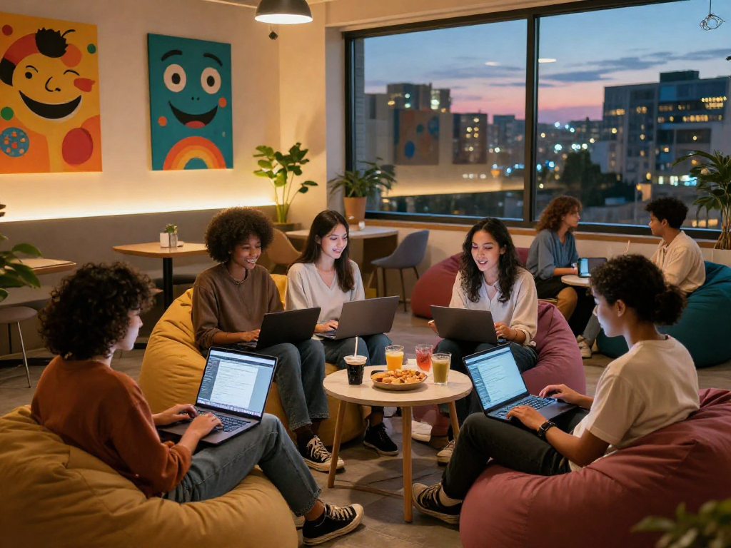 Engaging nsfw chat scene in a vibrant digital lounge with diverse individuals.