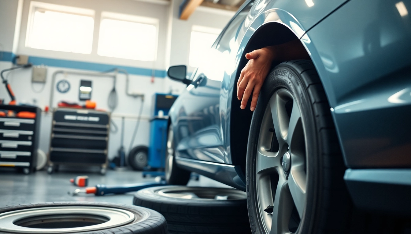 Tire rotation and balancing service in a professional garage with a mechanic working.