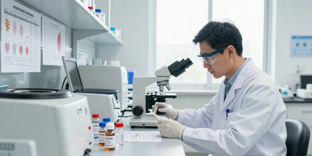 Buy tb-500 Canada in a professional laboratory setting with a scientist analyzing peptide samples.