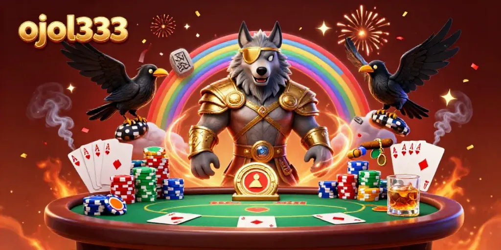 Engage in strategic gameplay with ojol333, featuring Odin and ravens on a casino chip bridge amid vibrant gaming elements.