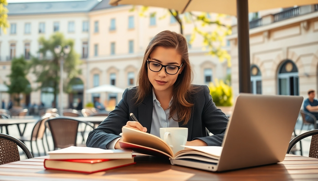 Jura lernen - Engagierter Jurastudent, der in einem sonnigen Café lernt.