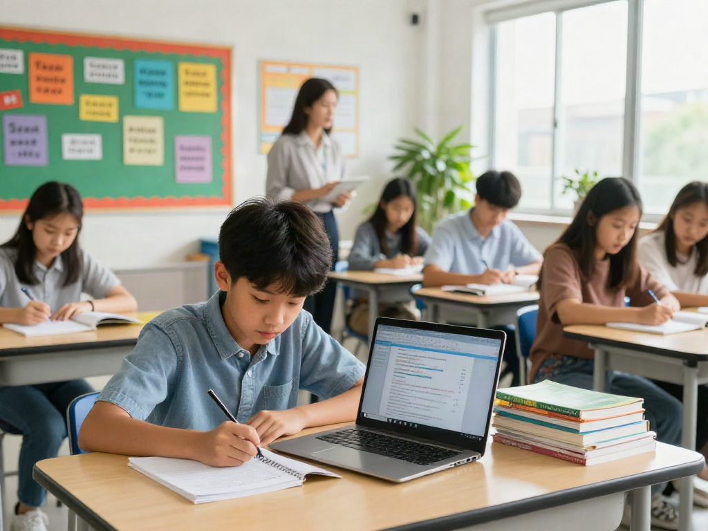 Student in een modern klaslokaal verdiept in studie over diploma kopen.