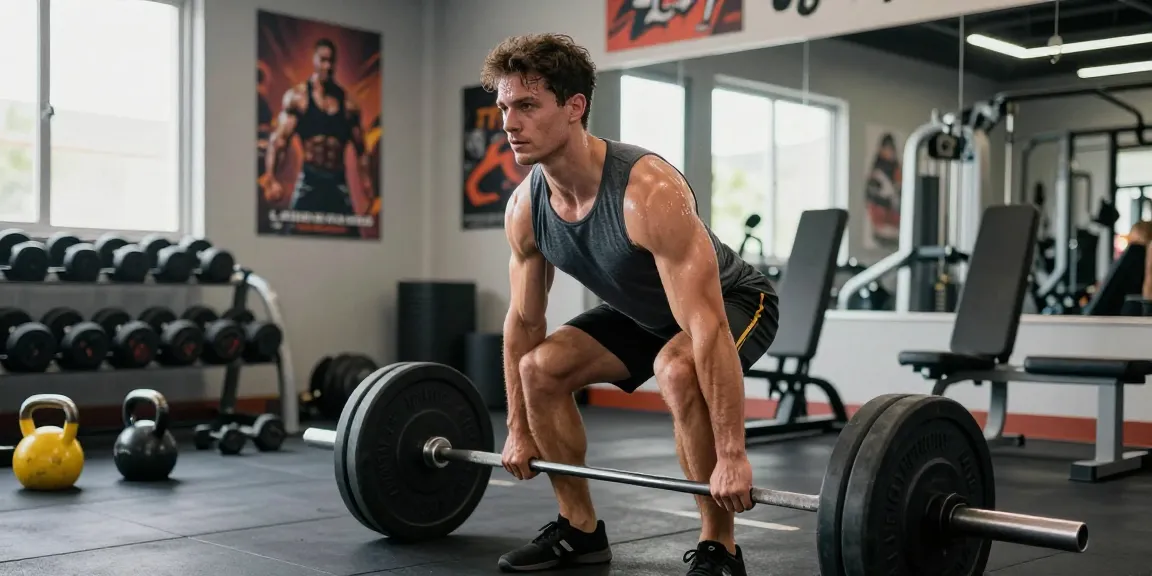 Men's workout clothes in action as a man lifts weights in a modern gym, showcasing strength and performance.