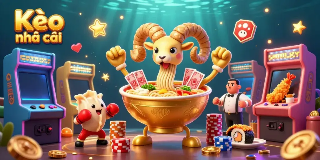 Engage with Kèo nhà cái in a vibrant scene of animated characters featuring a giant ramen bowl and sushi dealer surrounded by casino elements.