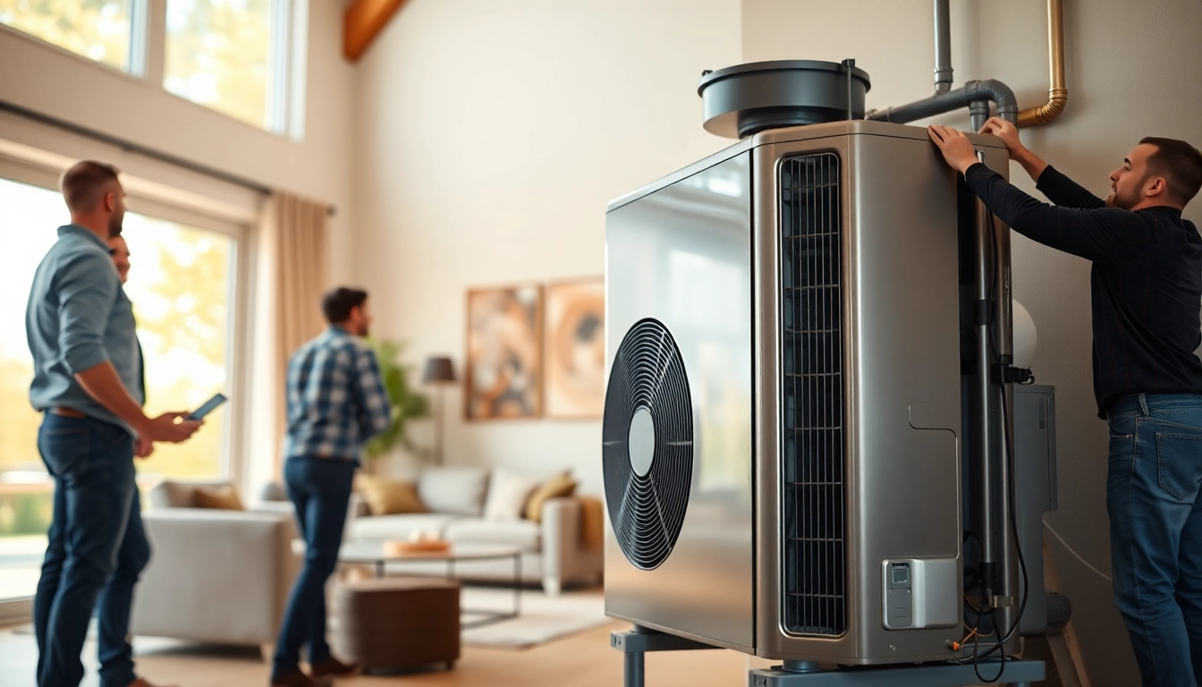 Technicians installing american standard heat pumps in a modern home setting.