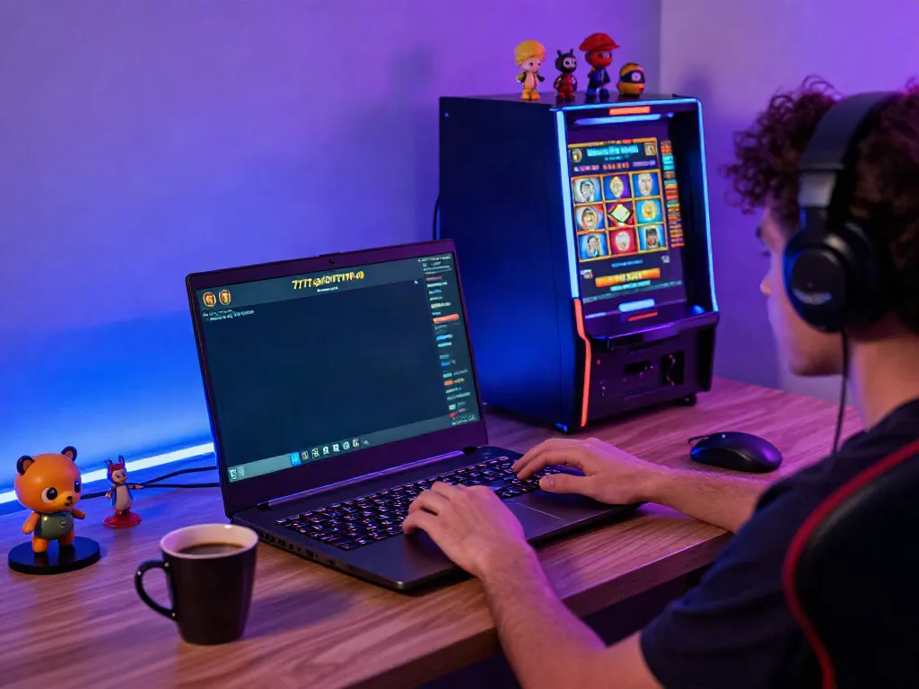 Exciting slot777 gaming scene with a player engaged in an online slot game, colorful graphics, and cozy setup.