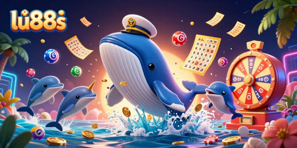 Experience thrilling gameplay at lu88s with a vibrant 3D scene featuring a whale and dynamic casino elements.