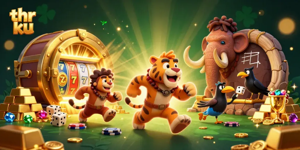 Experience thrilling slots action with thr ku at a prehistoric casino, featuring dynamic characters and vibrant game elements.