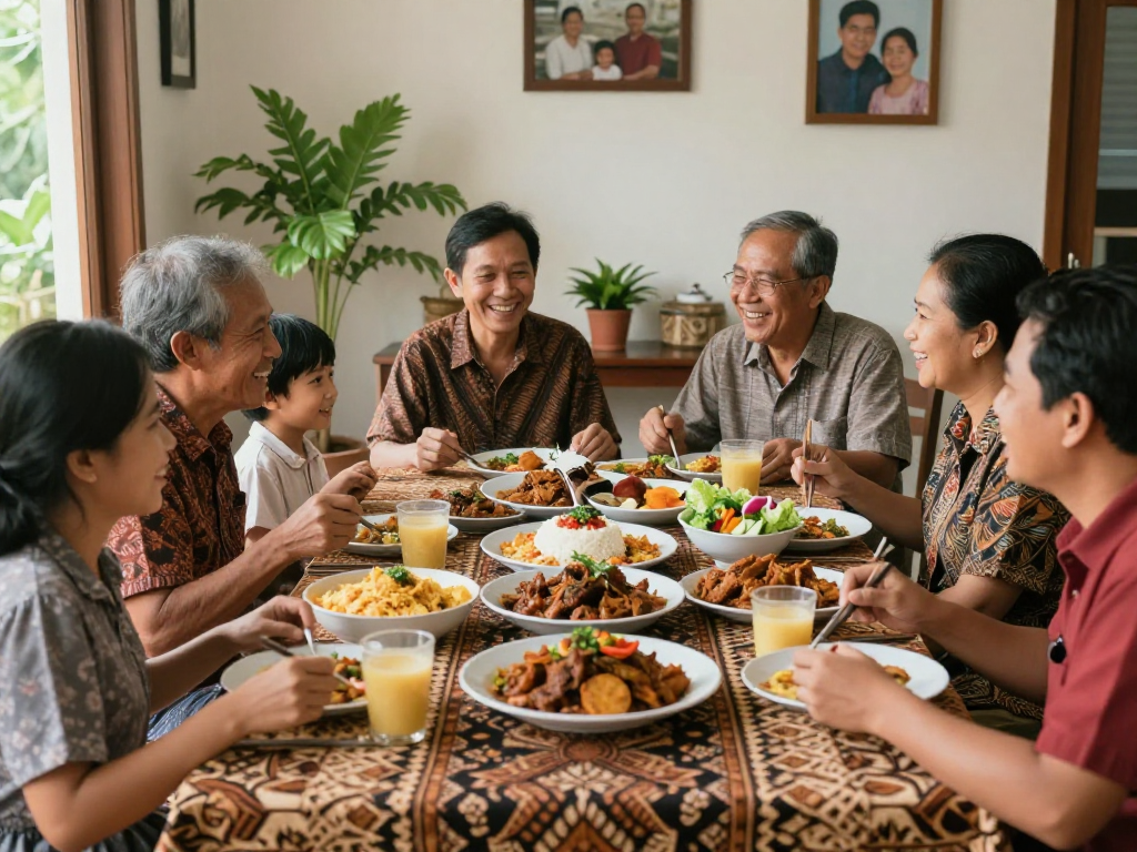 Suasana kumpul keluarga dengan hidangan delapantoto di atas meja makan, penuh keceriaan dan kehangatan.