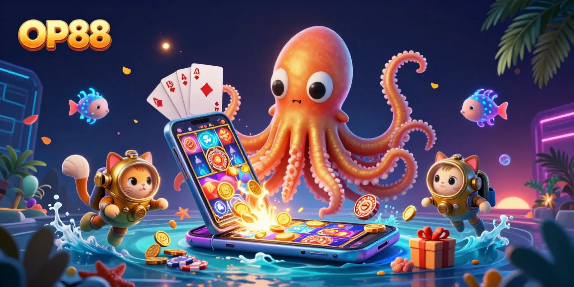 Engage with OP88's thrilling underwater slot gaming experience featuring a kraken and a diving cat.