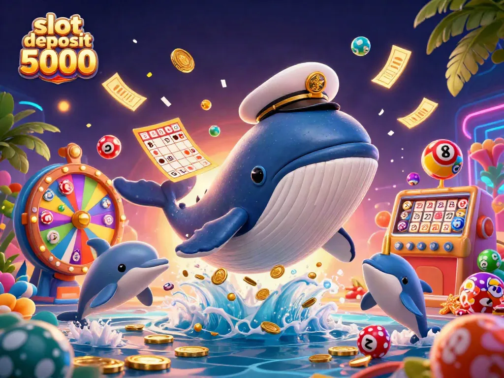 Experience the joy of winning with slot deposit 5000, featuring a vibrant 3D scene of a whale, narwhal, and dolphins.