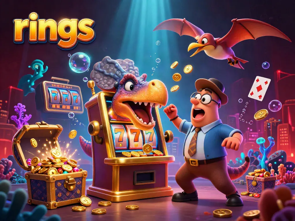 Experience thrilling jackpot wins with rings, as a dino celebrates golden coin payouts amidst vibrant casino elements.