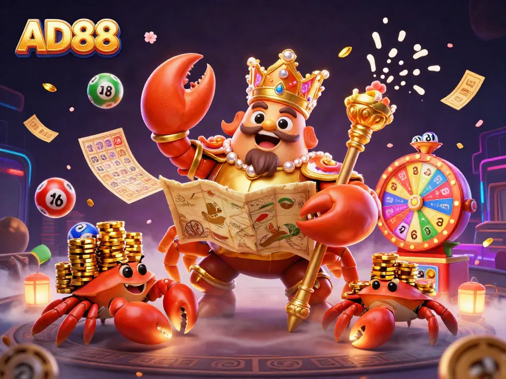Join the exciting lottery world of AD88 with vibrant elements and captivating characters.