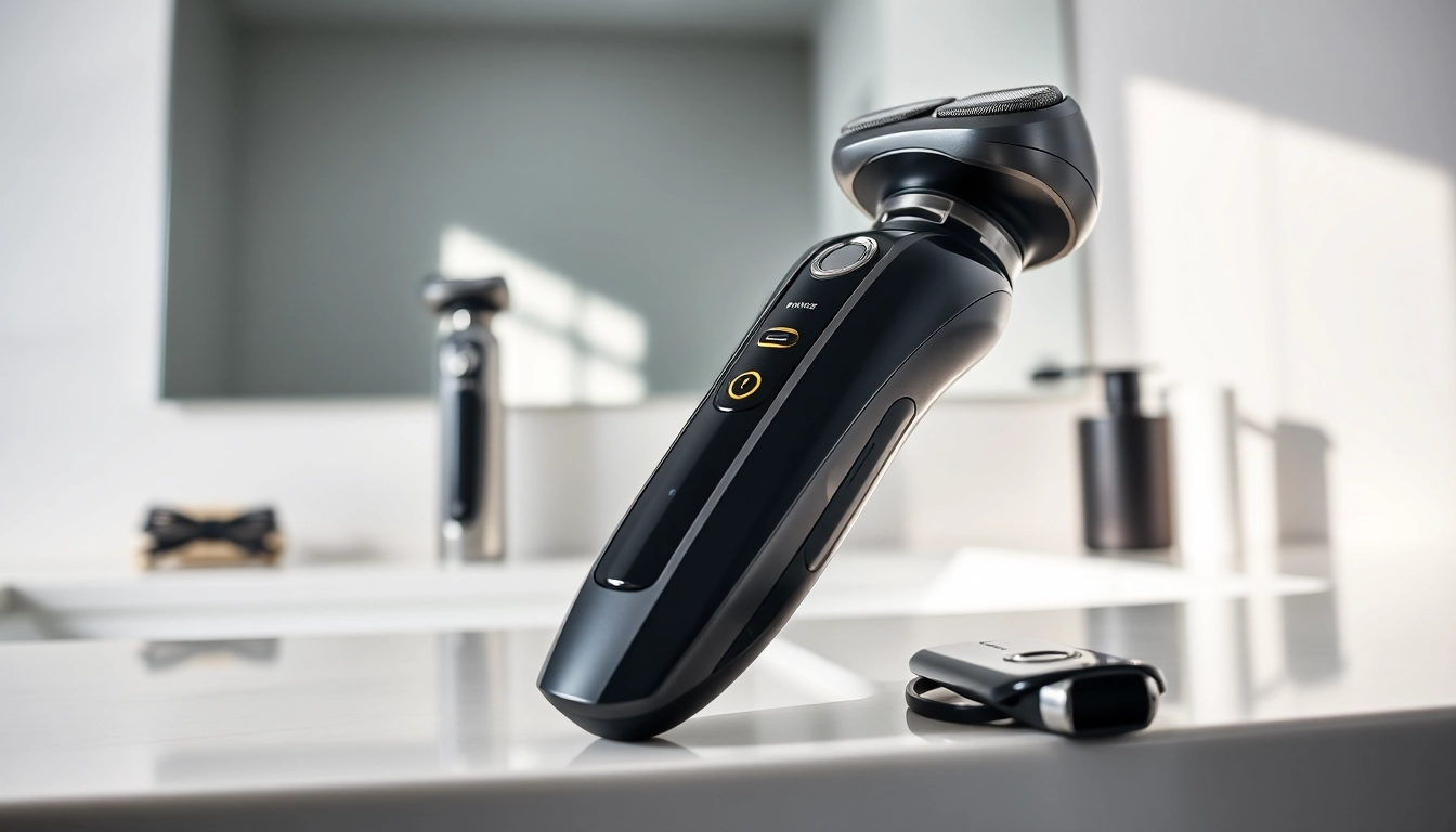 Showcase of an electric shaver for men on a bathroom countertop, highlighting its sleek design.