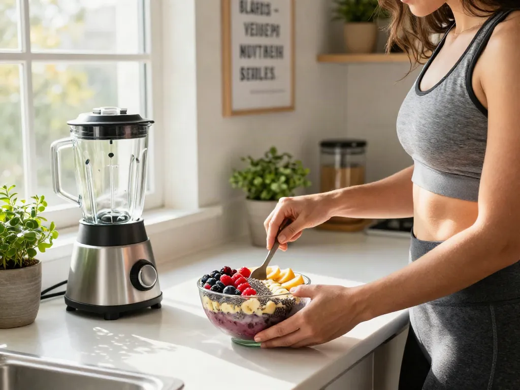 Preparing a smoothie bowl with fresh fruits while discussing 5 amino 1mq benefits