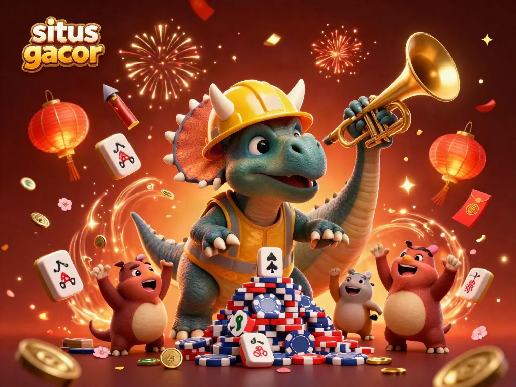 Experience thrilling action at situs slot gacor with a vibrant 3D celebration scene depicting a triceratops and friends.