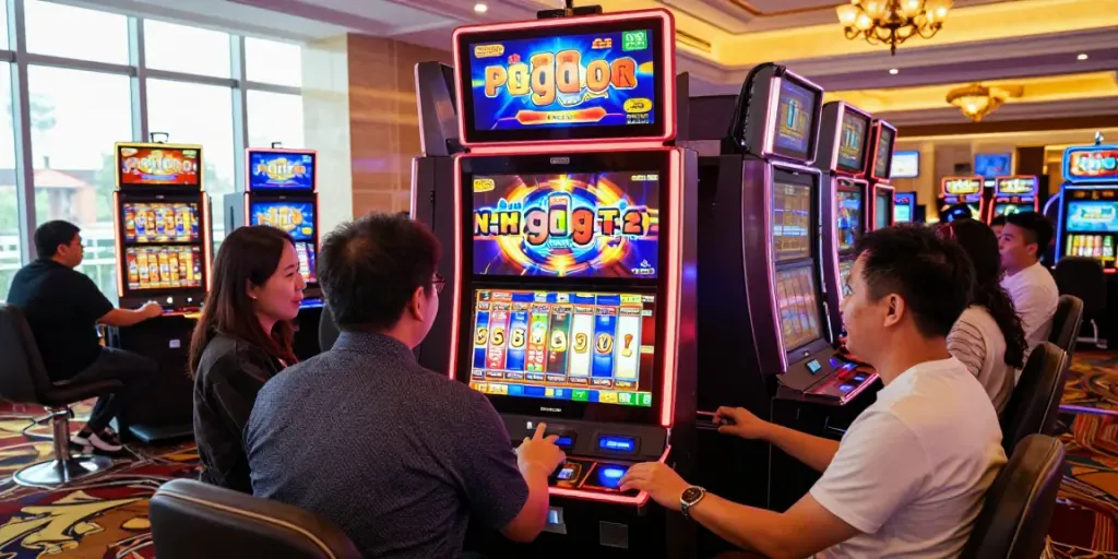 Players enjoying slot gacor games in a vibrant casino atmosphere.