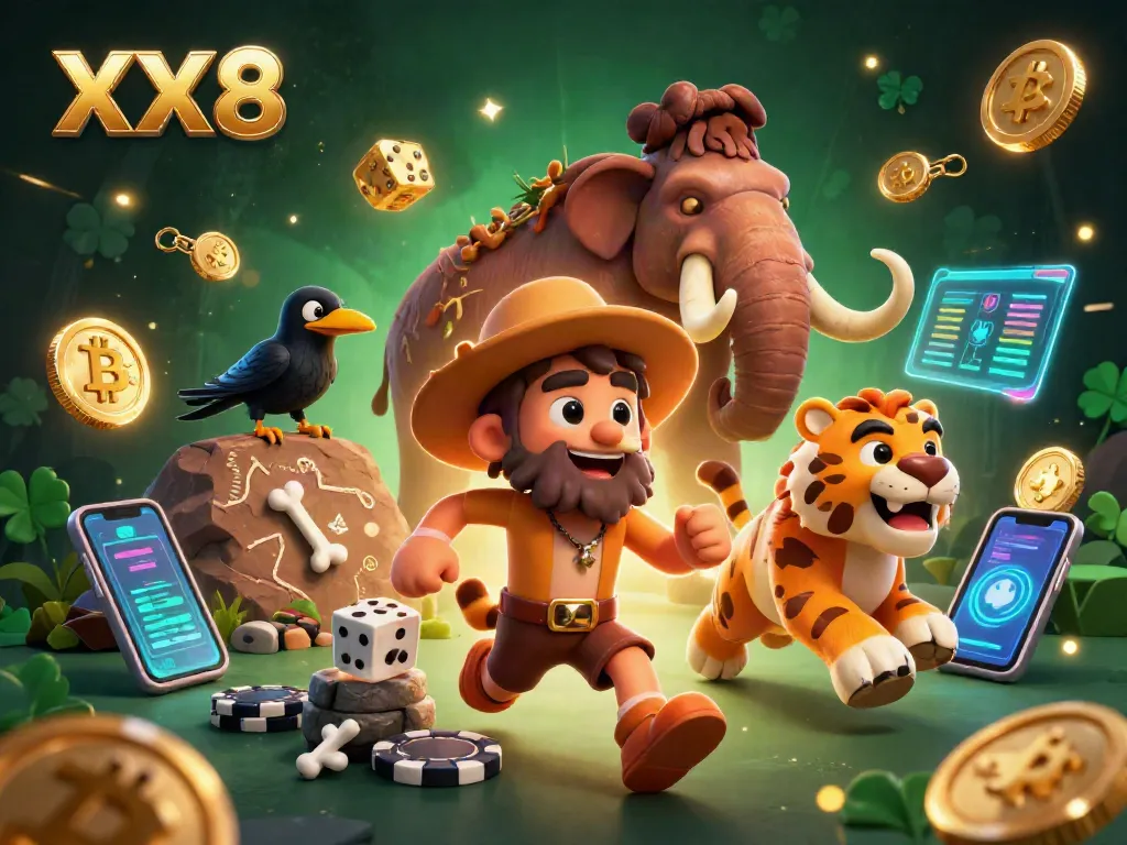 Engage in an exciting XX8-themed casino experience with caveman and tiger duo along with crypto elements