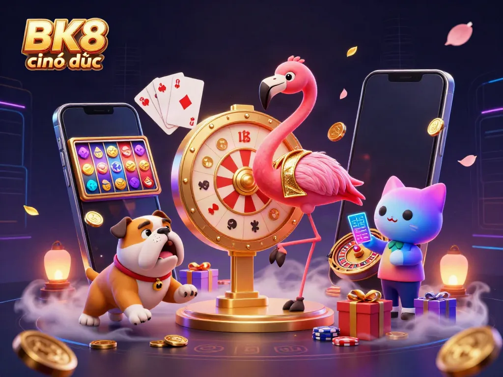 Experience the excitement of BK8 chính thức with a vibrant casino-themed illustration featuring a game show host, excited bulldog, and dynamic gaming elements.