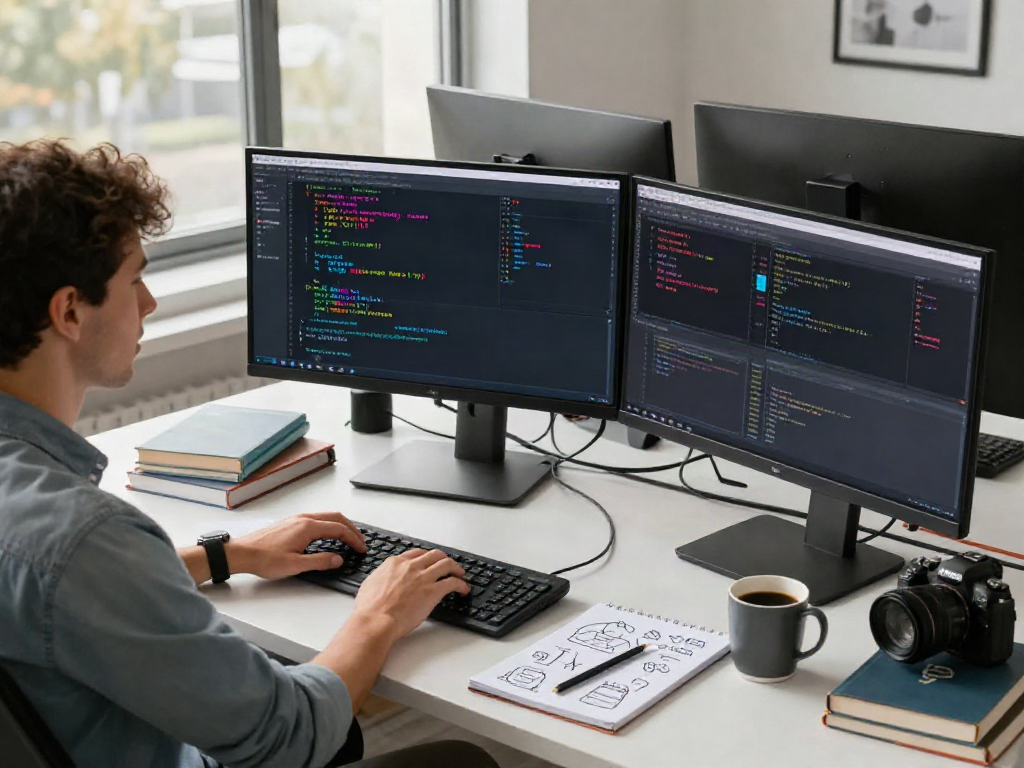 Developer coding an nsfw chat bot in a modern workspace with colorful monitors and creative tools.
