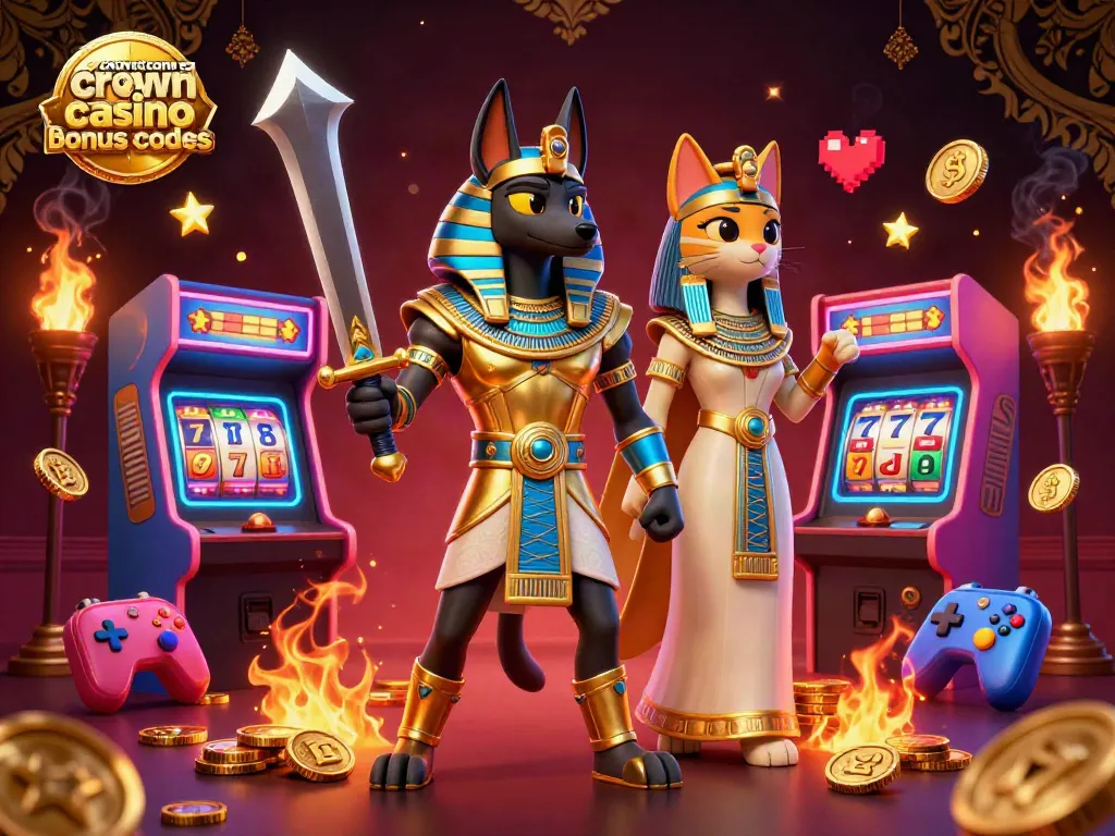 Engage with crown coins casino bonus codes in this vibrant 3D casino illustration featuring animated Egyptian characters and game elements.