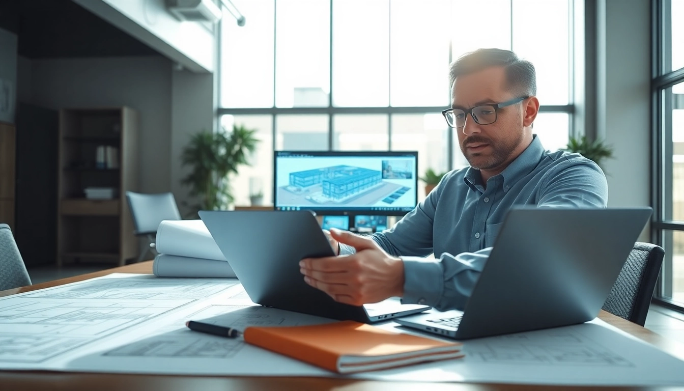 Engineer analyzing Seismic Design plans with blueprints and laptop in a bright office.