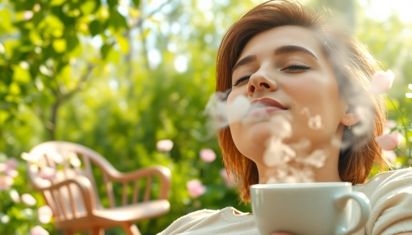 Vaping without nicotine for anxiety in a peaceful garden setting showcasing relaxation and tranquility.